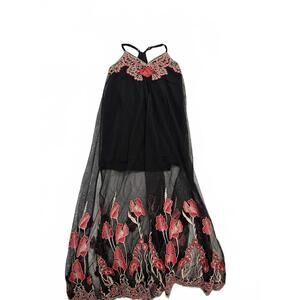 alice + olivia Black Maxi Dress with Red Floral Embroidery